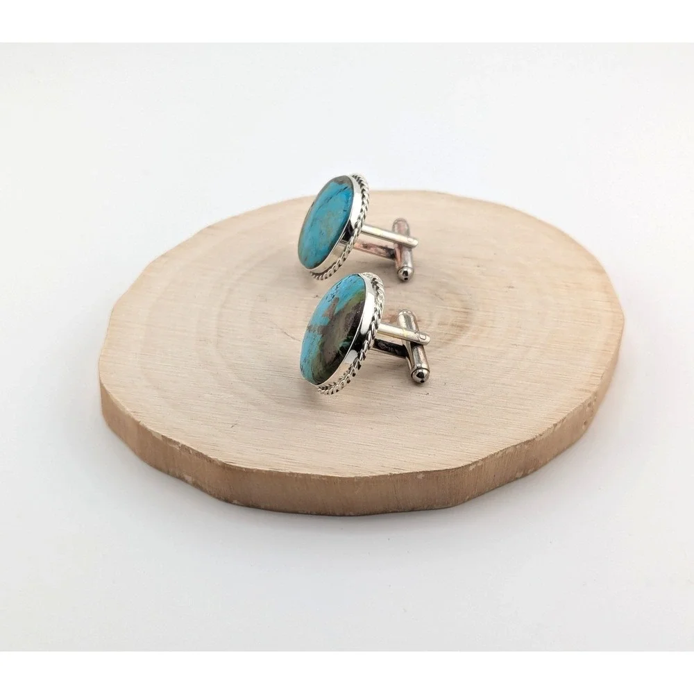 Genuine Navajo Men's Cuff‎ Links Sterling Silver Kingman Turquoise Stone